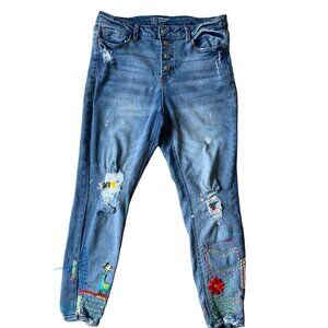 No Bo High Rise Skinny Jeans Womens JR 13 Button Fly Embroidered Patches Skater